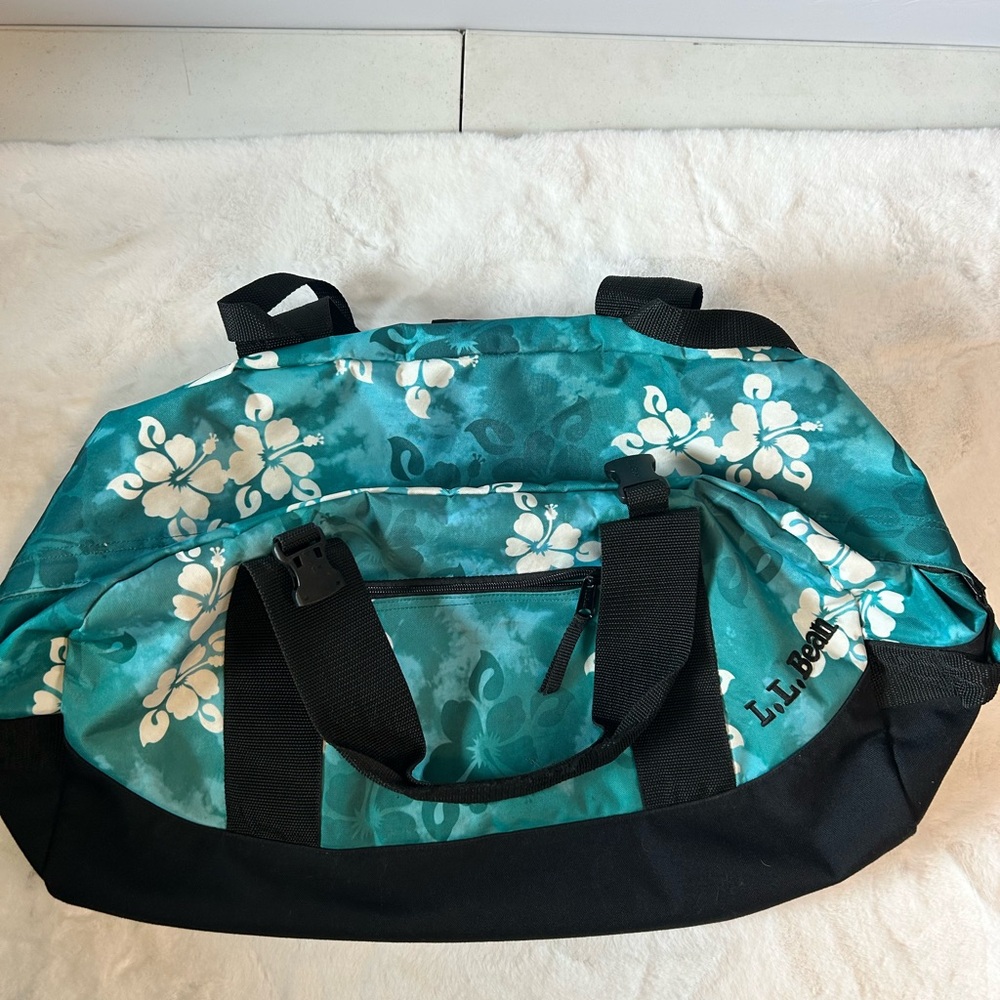 L.L. Bean Floral Duffel Bag Teal Travel Gym Weekender - Picture 6 of 16
